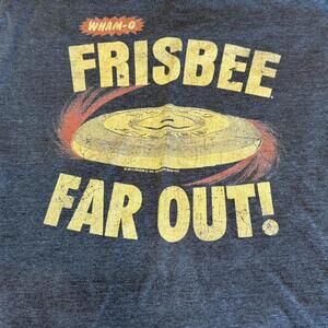 Retro style heathered bluish grey and yellow Wham-O Frisbee Far Out size LG T.